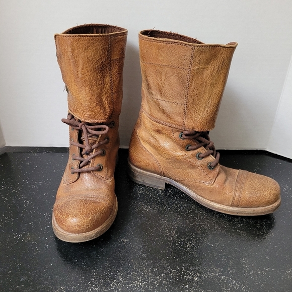 ALLSAINTS Spitalfields Damisi Buckles Brown Crackled Leather Military Boots - Picture 2 of 7